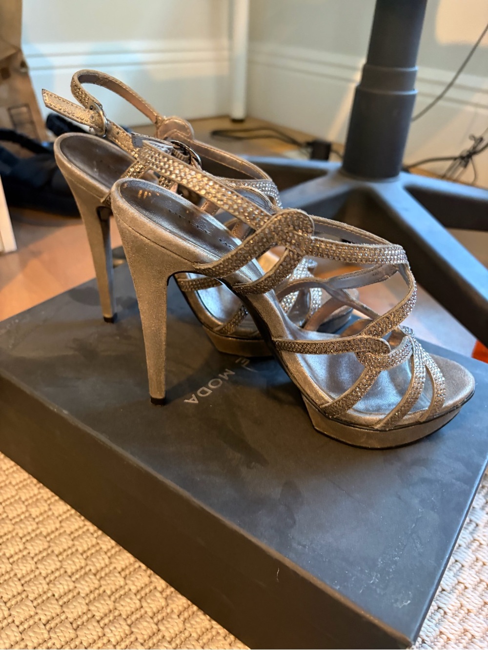 Pelle Moda Metallic Silver Strappy Rhinestone High Heels